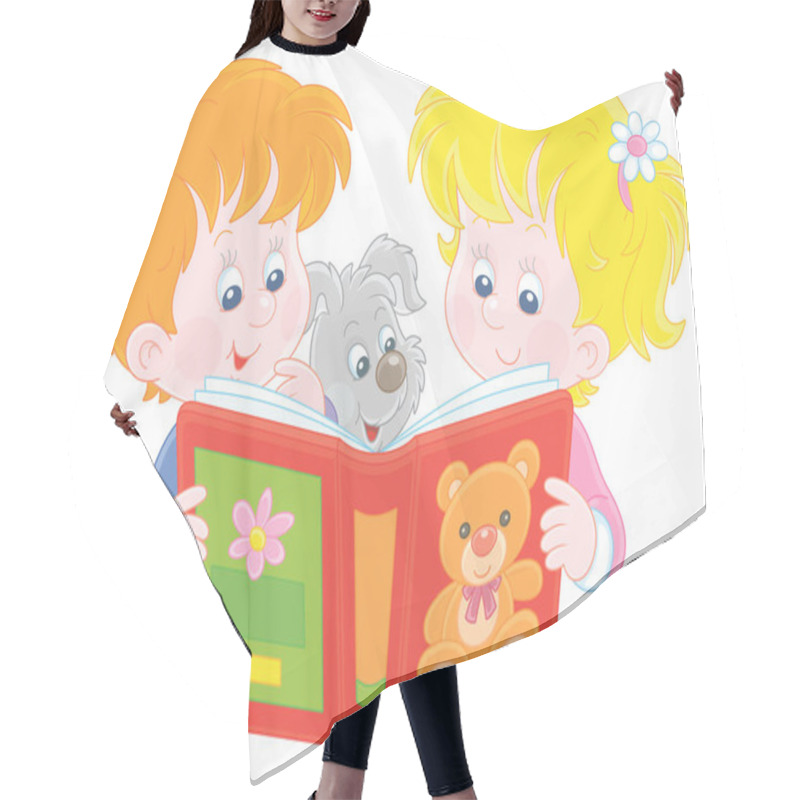 Personality  Little Girl And Boy And Their Merry Puppy Friendly Smiling And Reading An Interesting Illustrated Book For Small Kids, Vector Cartoon Illustration On A White Background Hair Cutting Cape