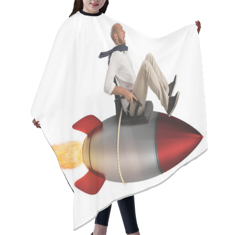 Personality  Businessman Flying Over A Rocket. Hair Cutting Cape