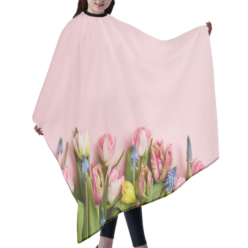 Personality  Top View Of Beautiful Pink Tulips, Blue Hyacinths And Yellow Narcissus Flowers On Pink Background Hair Cutting Cape