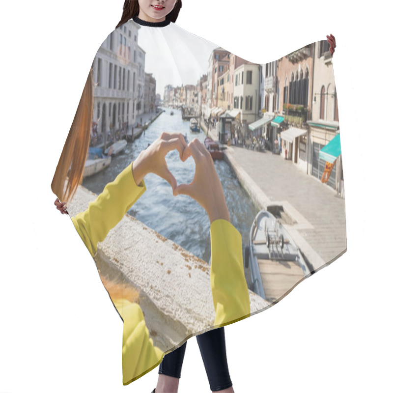 Personality  Partial View Of Redhead Woman Showing Heart Sign Over Blurred Grand Canal In Venice Hair Cutting Cape