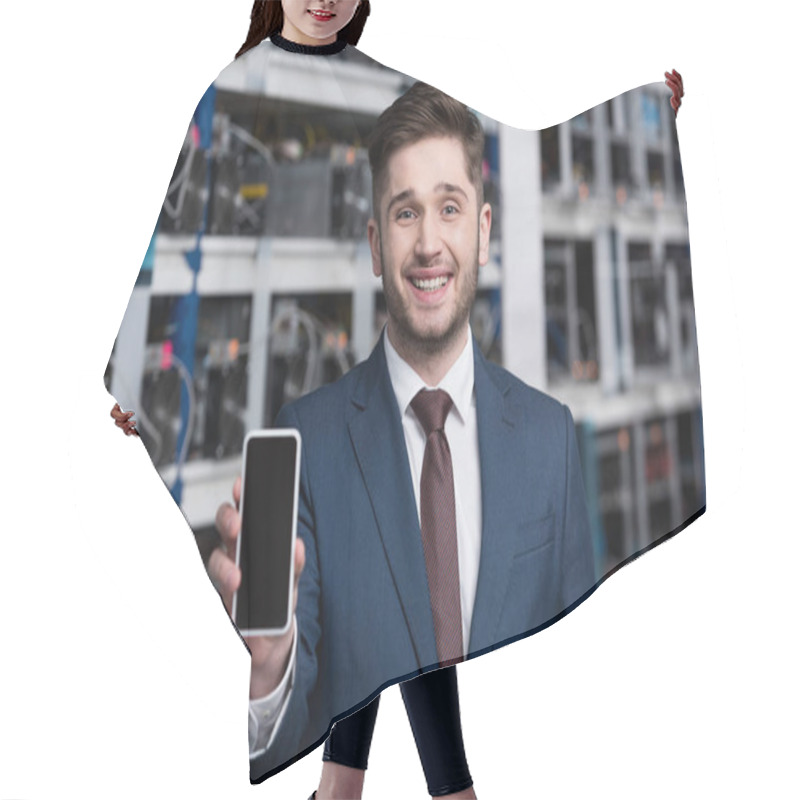 Personality  Happy Young Businessman Showing Smartphone At Cryptocurrency Mining Farm Hair Cutting Cape