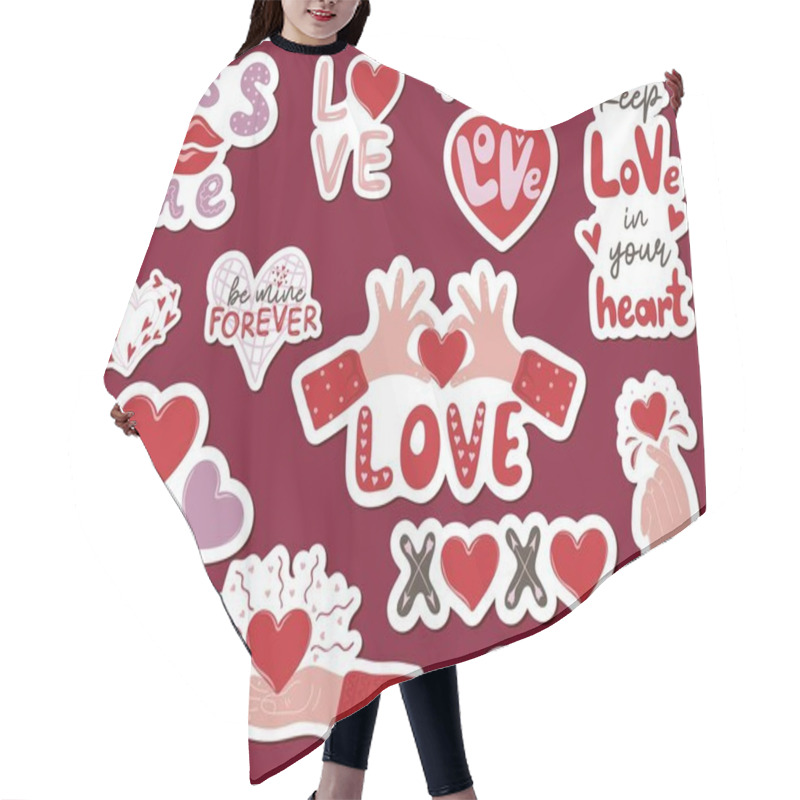 Personality  Set Of Valentines Stickers With Lettering And Hands Holding Hearts Hair Cutting Cape