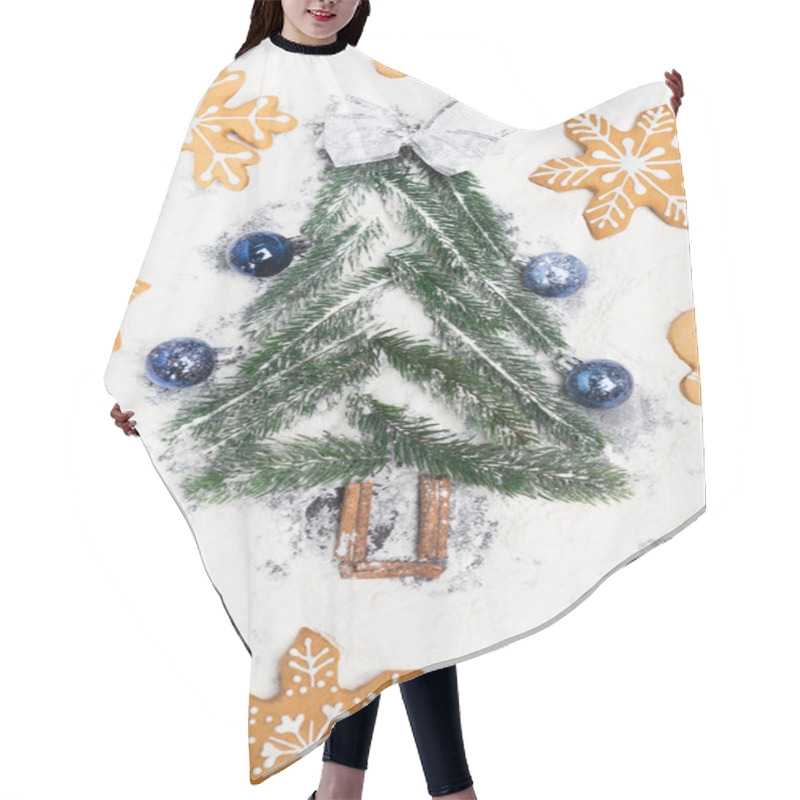 Personality  Top View Of Christmas Tree And Gingerbread Cookies On Snow Hair Cutting Cape