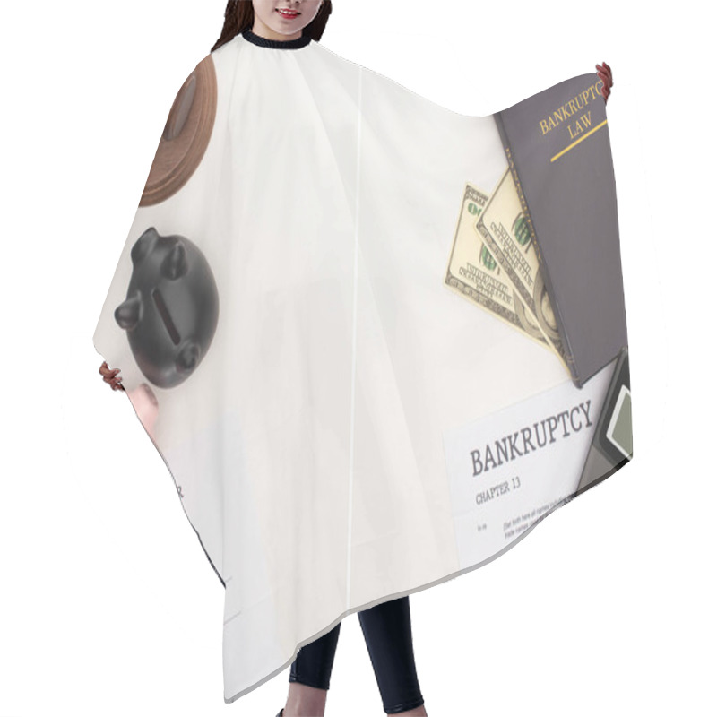 Personality  Top View Of Bankruptcy Papers And Law Book, Gavel, Piggy Banks, Money And Calculator On White Background, Collage Hair Cutting Cape