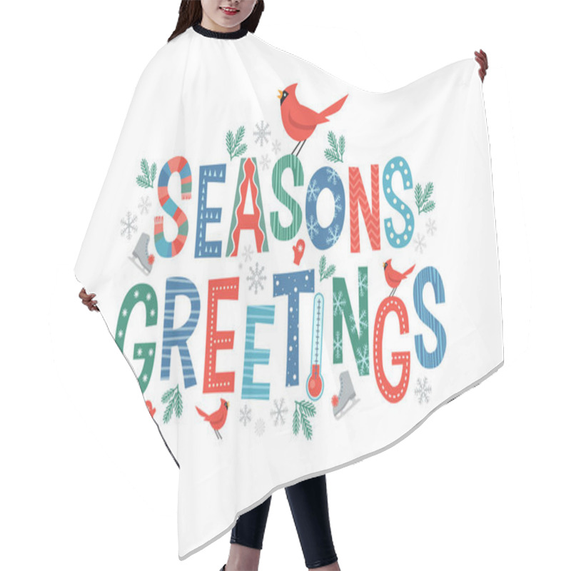 Personality  Colorful Lettering Seasons Greetings With Cardinals And Decorative Winter Design Elements. For Banners, Cards, Social Media And Invitations. Hair Cutting Cape