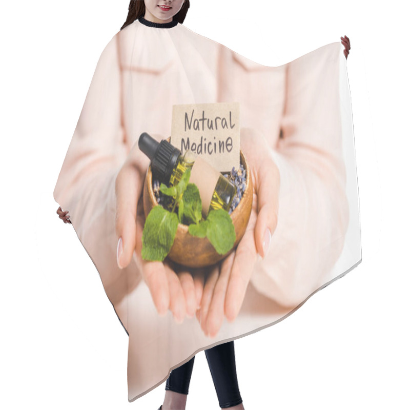 Personality  Cropped Image Of Woman Holding Bowl With Essential Oil And Natural Medicine Sign Isolated On White Hair Cutting Cape