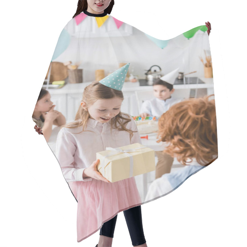 Personality  Amazed Girl In Party Cap Receiving Birthday Present From Redhead Boy  Hair Cutting Cape