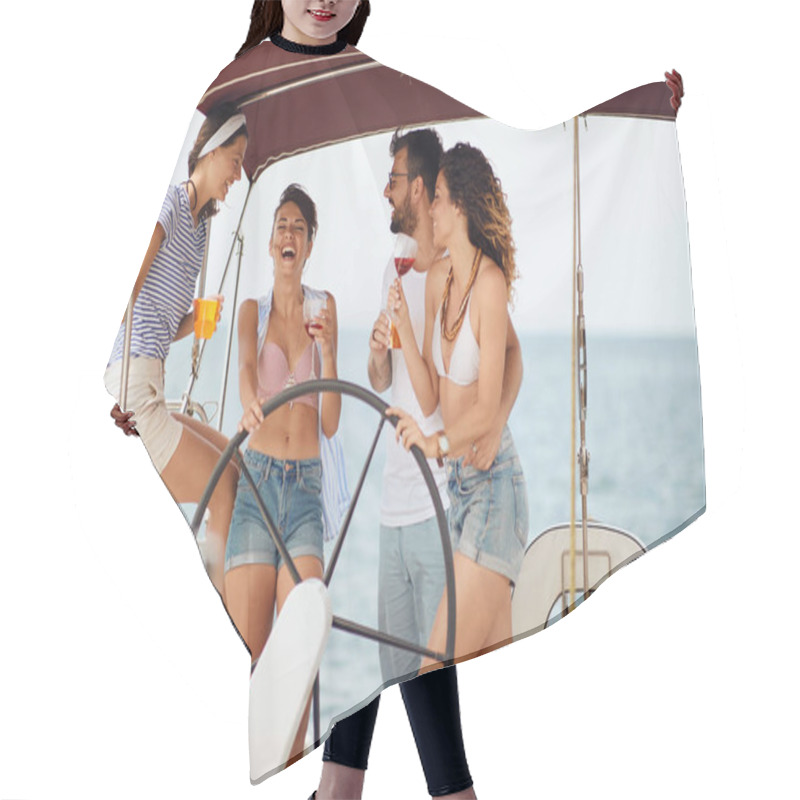 Personality  Friends Sitting On Sailboat Deck And Having Fun. Vacation, Travel Hair Cutting Cape