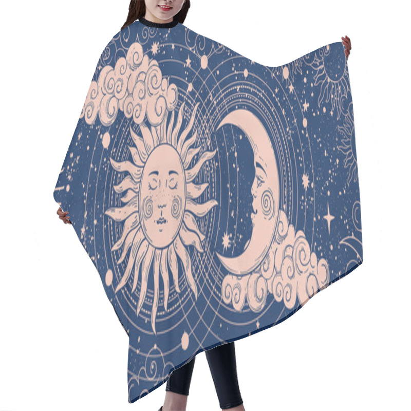 Personality  Magic Banner For Astrology, Divination, Magic. The Device Of The Universe, Crescent Moon And Sun With Moon On A Blue Background. Esoteric Vector Illustration, Pattern. Hair Cutting Cape