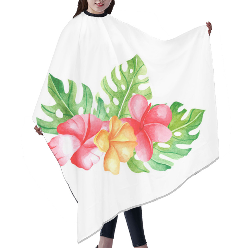 Personality  Watercolor Bouquet With Tropical Hibiscus For Packaging, Fabrics,posters. Bright Print On Clothes. Tropical Set Of Colors For The Decoration Of Dishes With Hibiscus And Leaves. Hair Cutting Cape