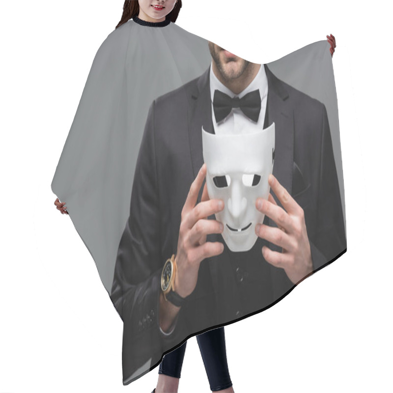 Personality  Cropped View Of Businessman In Black Suit Holding Face Mask Isolated On Grey Hair Cutting Cape