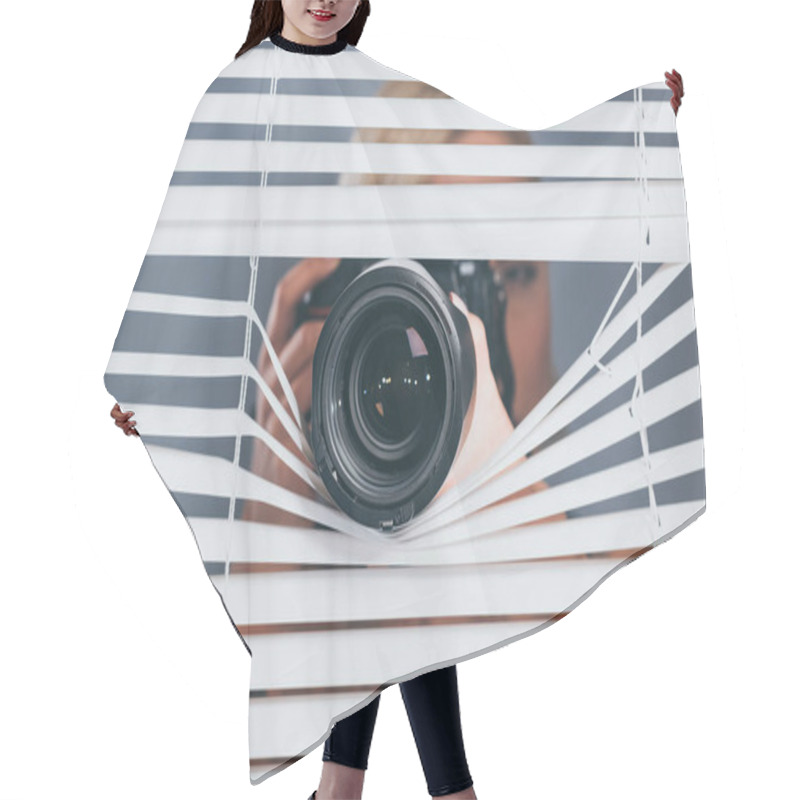 Personality  Young Woman Photographing With Camera And Spying Through Blinds Hair Cutting Cape