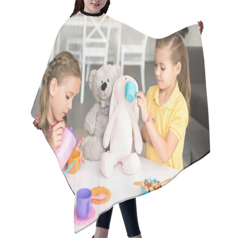 Personality  Adorable Little Sisters Pretending To Have Tea Party Together At Home Hair Cutting Cape