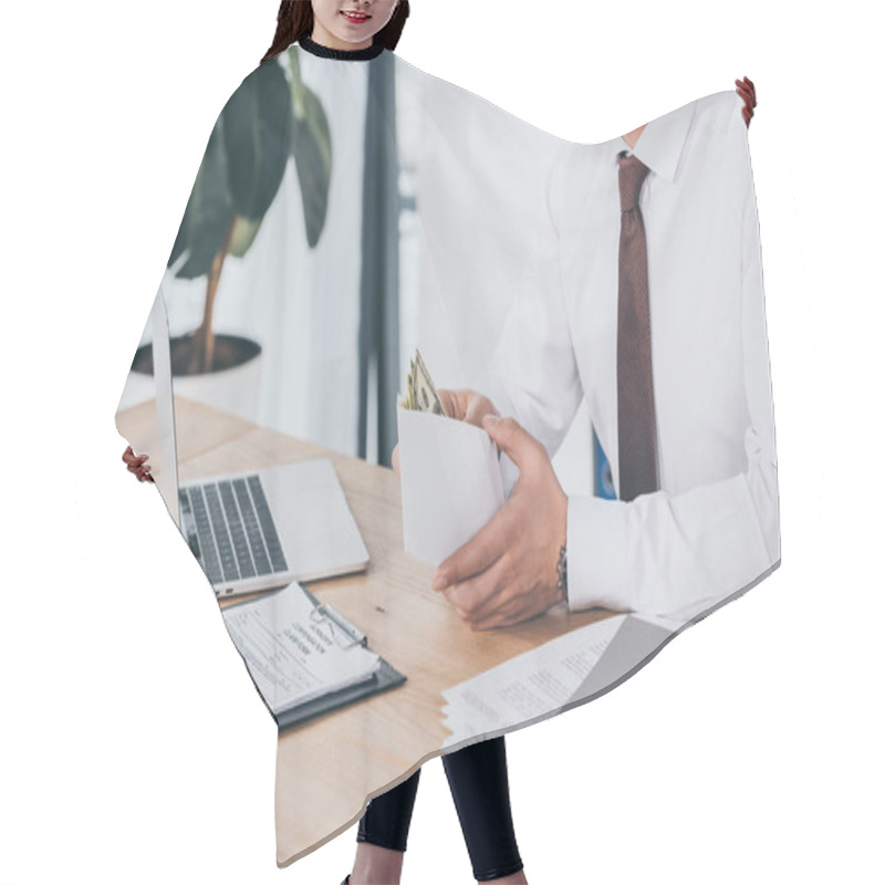 Personality  Cropped View Of Businessman Opening Envelope With Money At Workplace, Compensation Concept Hair Cutting Cape