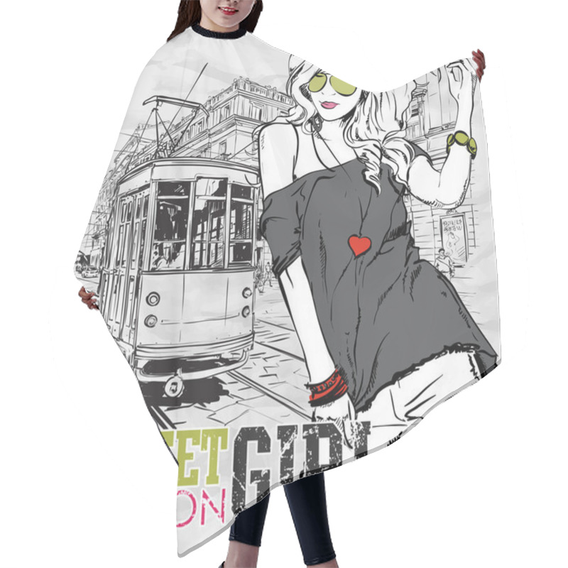 Personality  Vector Illustration Of A Fashion Girl And Old Tram. Hair Cutting Cape