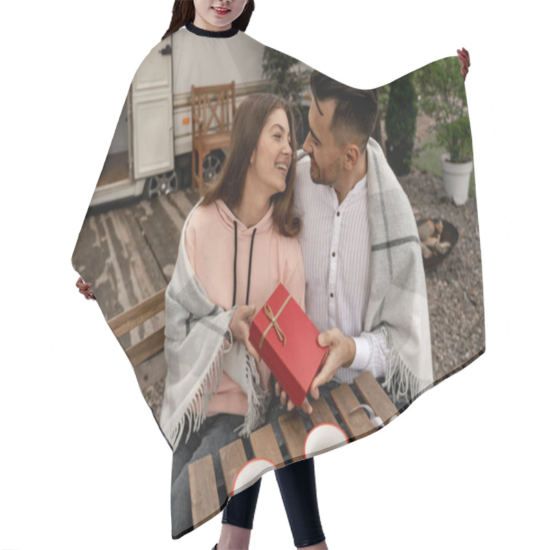 Personality  Man Presenting Gift To Happy Woman Near Coffee On Table In Camping Hair Cutting Cape