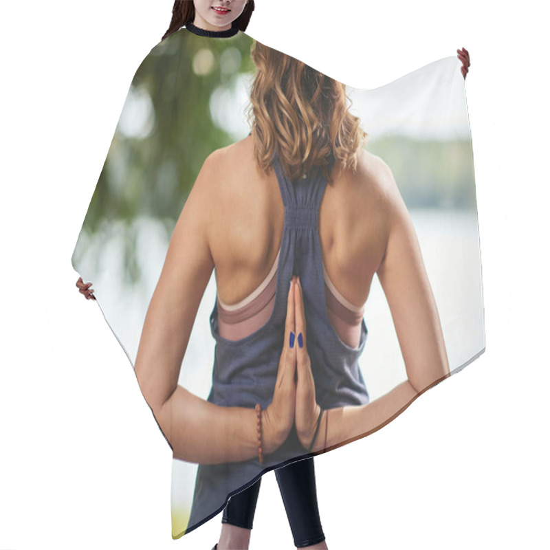 Personality  Rear View Of Caucasian Brunette Kneeling On Exercise Mat And Meditating In Nature. Hair Cutting Cape