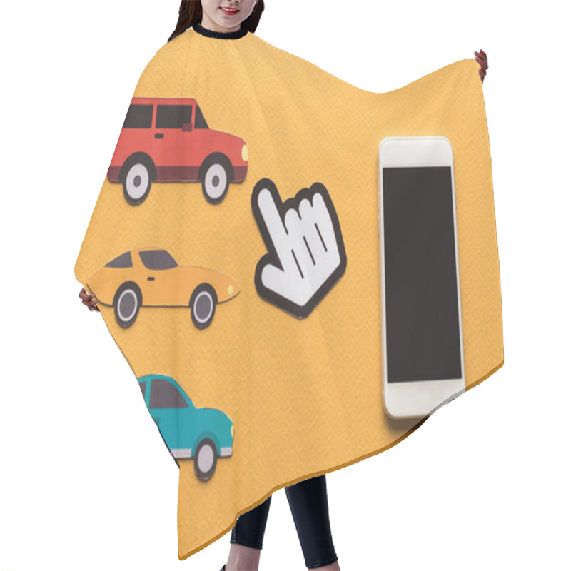 Personality  Top View Of Paper Cut Cars, Pointing Hand And Smartphone On Orange Background Hair Cutting Cape