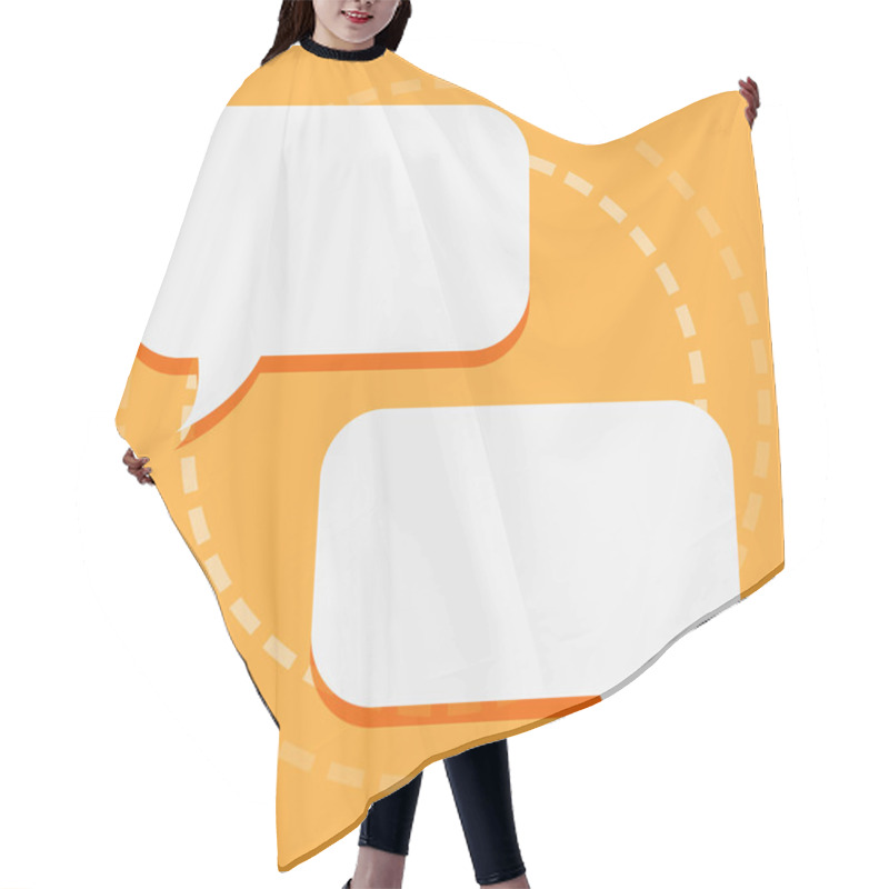 Personality  Two Rectangular Blank White Speech Bubble With Tails Facing Opposite Side. Broken Lines Forming Round Shape Design On Color Background. Text Balloon Photo Engaging In Conversation. Hair Cutting Cape