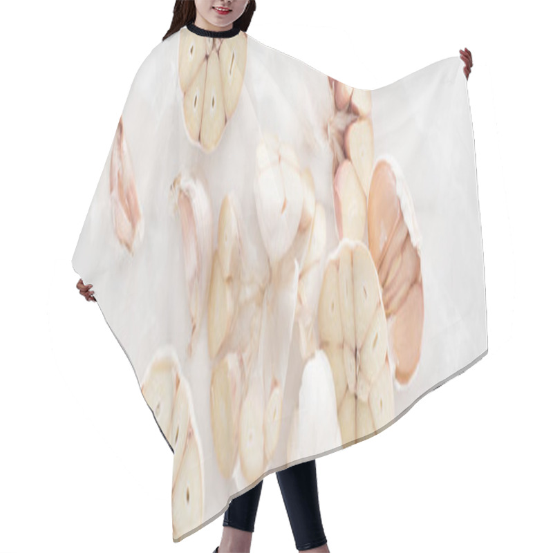 Personality  Panoramic Shot Of Cut Garlic Cloves On White Paper Background Hair Cutting Cape