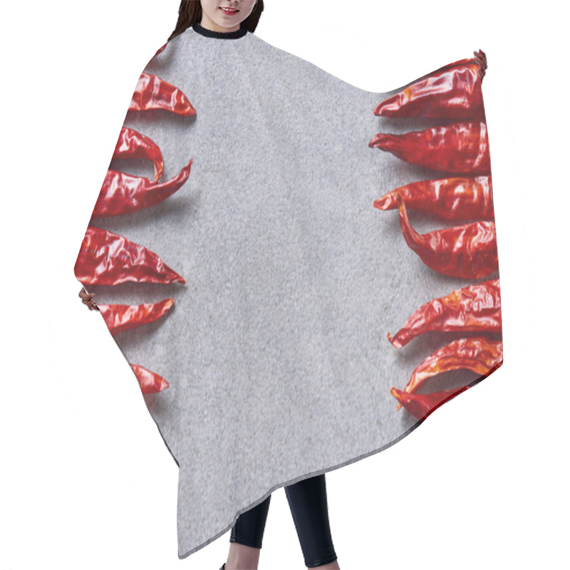 Personality  Top View Of Dried Red Chili Peppers Arranged On Grey Tabletop Hair Cutting Cape