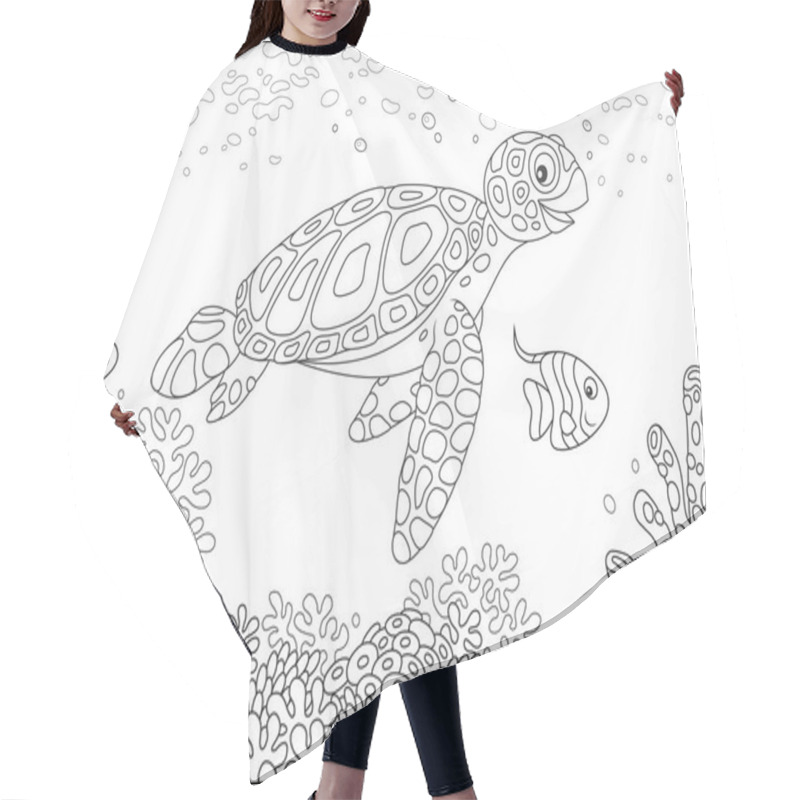 Personality  Funny Sea Loggerhead Turtle And A Small Butterfly Fish Swimming Over Corals On A Reef In A Tropical Sea, Black And White Vector Illustration In A Cartoon Style For A Coloring Book Hair Cutting Cape