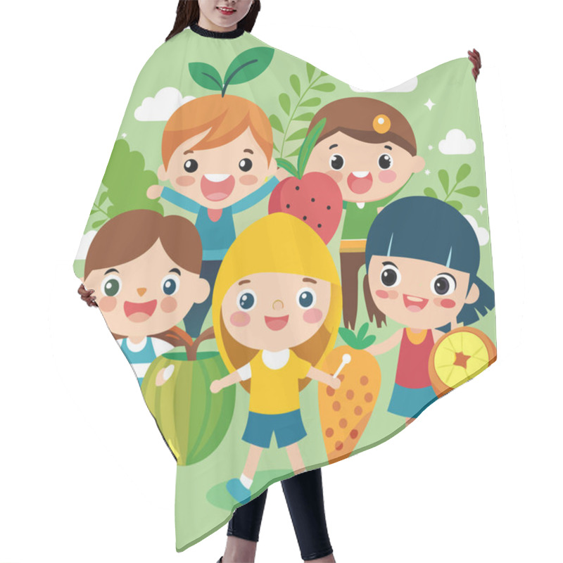 Personality  Happy Children Vector Art Collection With Fresh Fruits Hair Cutting Cape