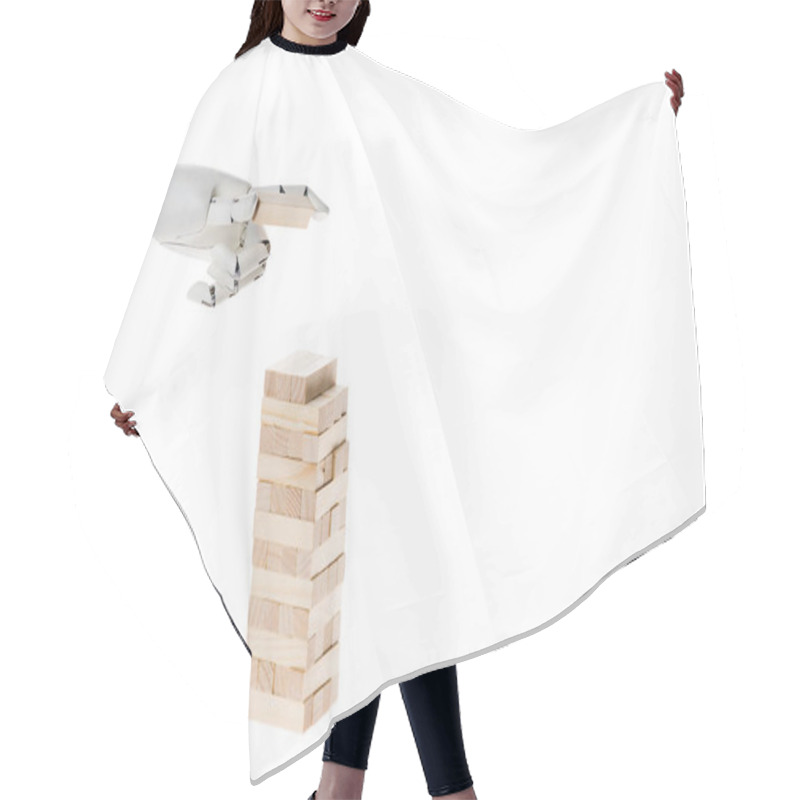 Personality  Cropped Shot Of Robot Playing Blocks Tower Game Isolated On White Hair Cutting Cape