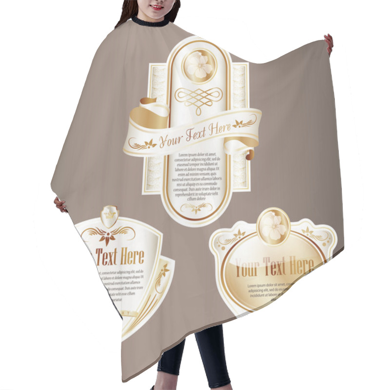 Personality  New Year Theme. Set Of White And Gold Ornate Label. Hair Cutting Cape