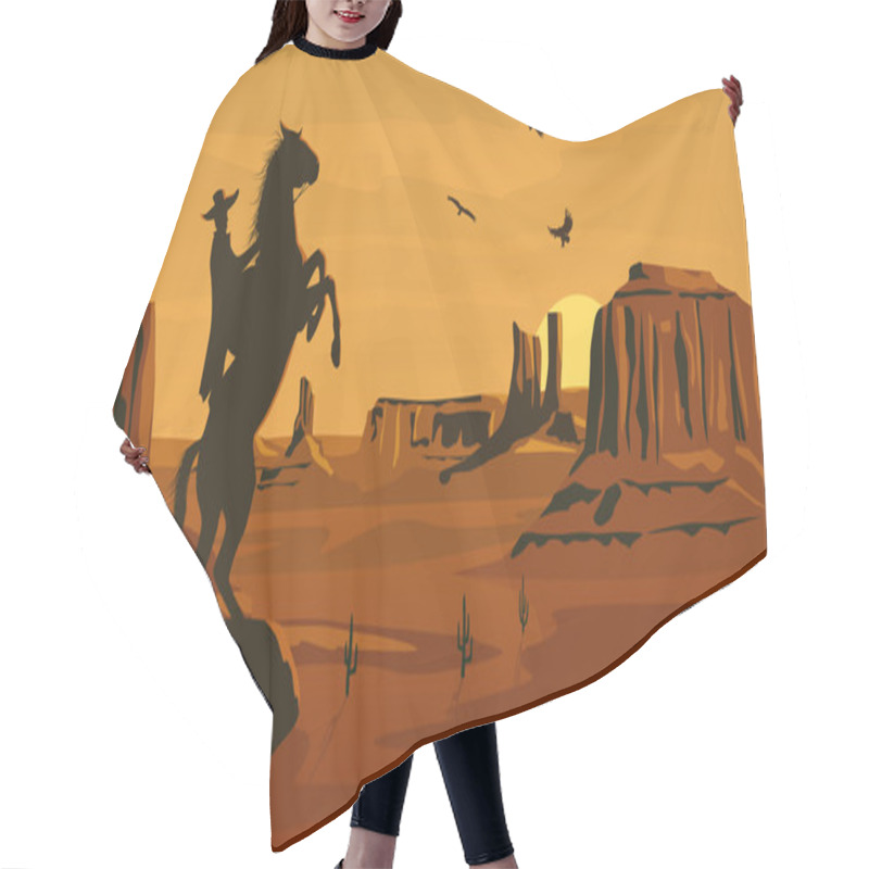 Personality  Horizontal Cartoon Illustration Of Prairie Wild West. Hair Cutting Cape