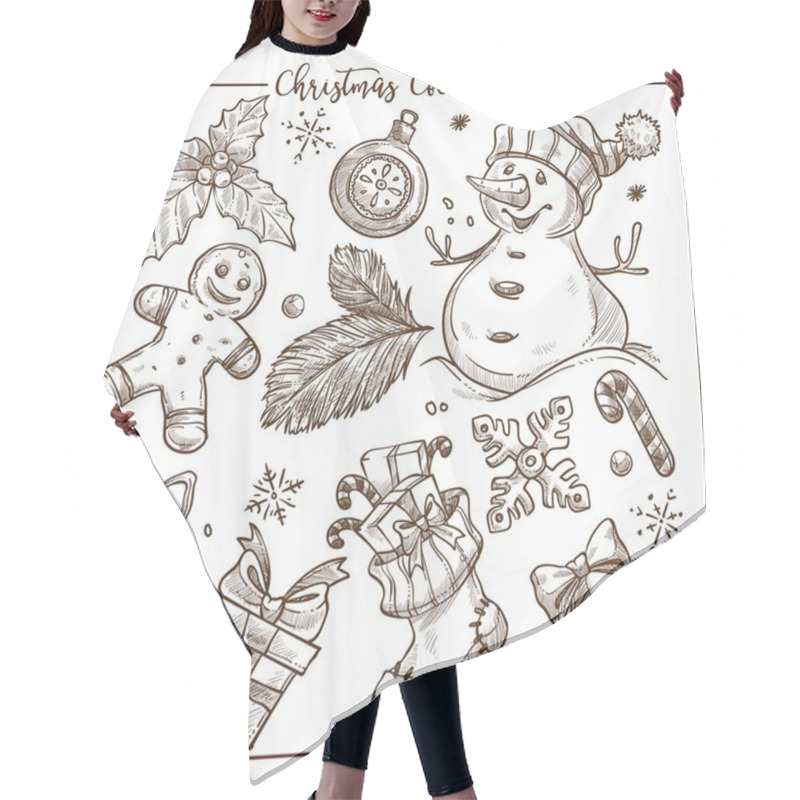 Personality  Christmas Collection Of Symbolic Traditional Elements Monochrome Sketch Vector Hair Cutting Cape