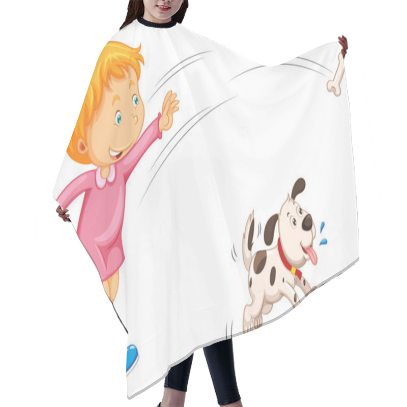 Personality  Girl Throwing Bone And Dog Catching It Hair Cutting Cape