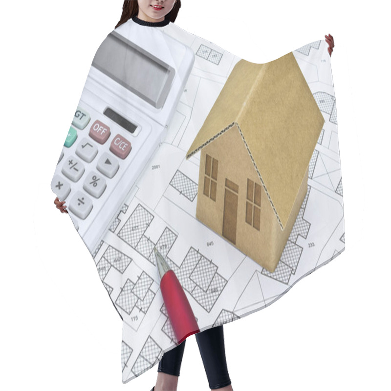 Personality  Imaginary Cadastral Map Of Territory With Buildings And Land Parcel - Concept With A Small Cardboard House, Calculator And Pen Hair Cutting Cape