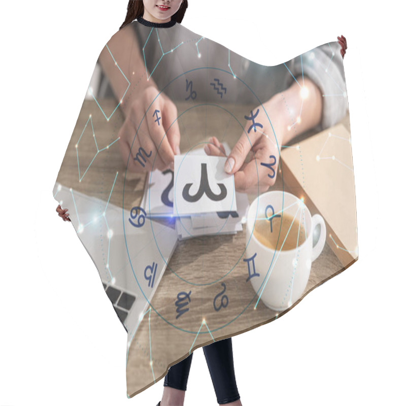 Personality  Cropped View Of Astrologer Holding Cards With Zodiac Signs Beside Constellations Hair Cutting Cape