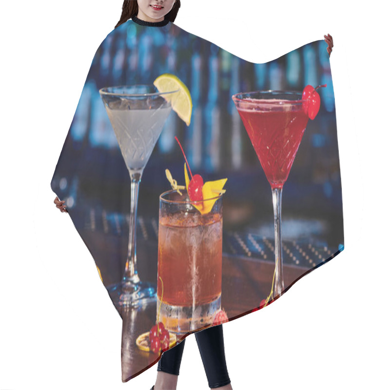 Personality  Thirst Quenching Cocktails With Fresh Decorations On Counter With Bar Backdrop, Concept Hair Cutting Cape