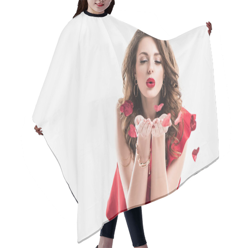 Personality  Fashionable Girl Blowing On Heart Shaped Confetti Isolated On White, Valentines Day Concept   Hair Cutting Cape