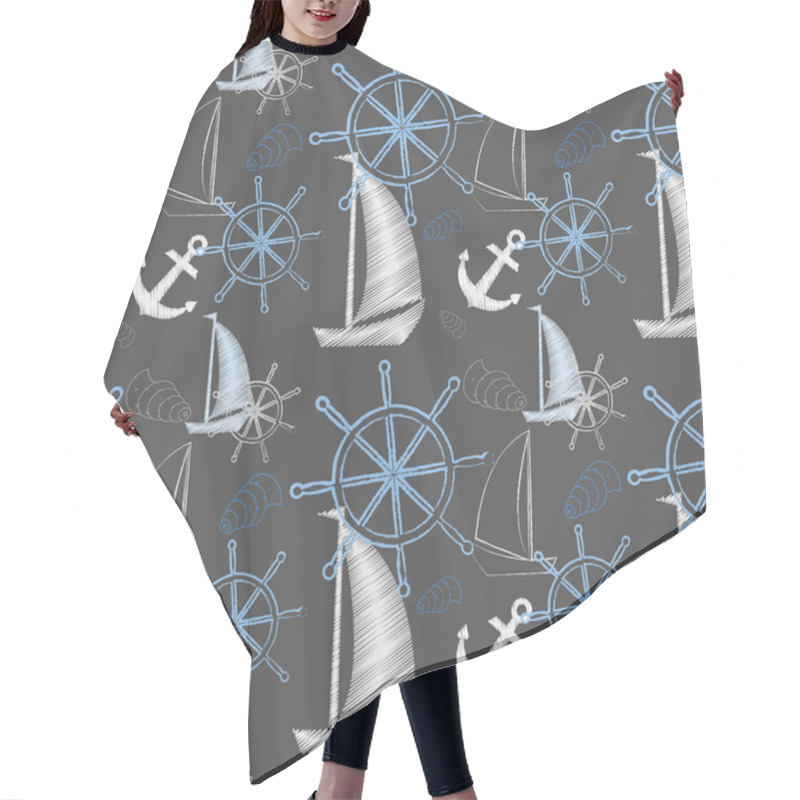 Personality  Vector Seamless Sea Pattern With Ships, Ship's Wheel, Anchor. Cartoon Print. Vector Illustration. Scrapbook Paper, Wrapping Paper. Hair Cutting Cape