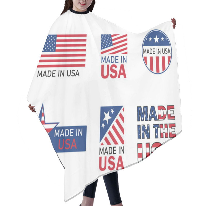 Personality  Made In Usa Icon For Product. American Flag Emblem For Guarantee Label. Manufacturing In America Sign With Stars And Red Stripes. Best Quality Badge For Design Product. Proudly Banner. Vector Hair Cutting Cape