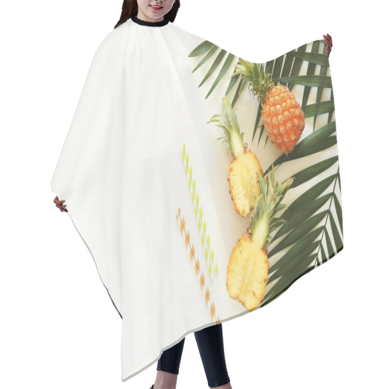 Personality  Tropical Green Palm Leaves Branches And Fruits Pineapples Top View On A White Background. Food Concept.copy Space Hair Cutting Cape