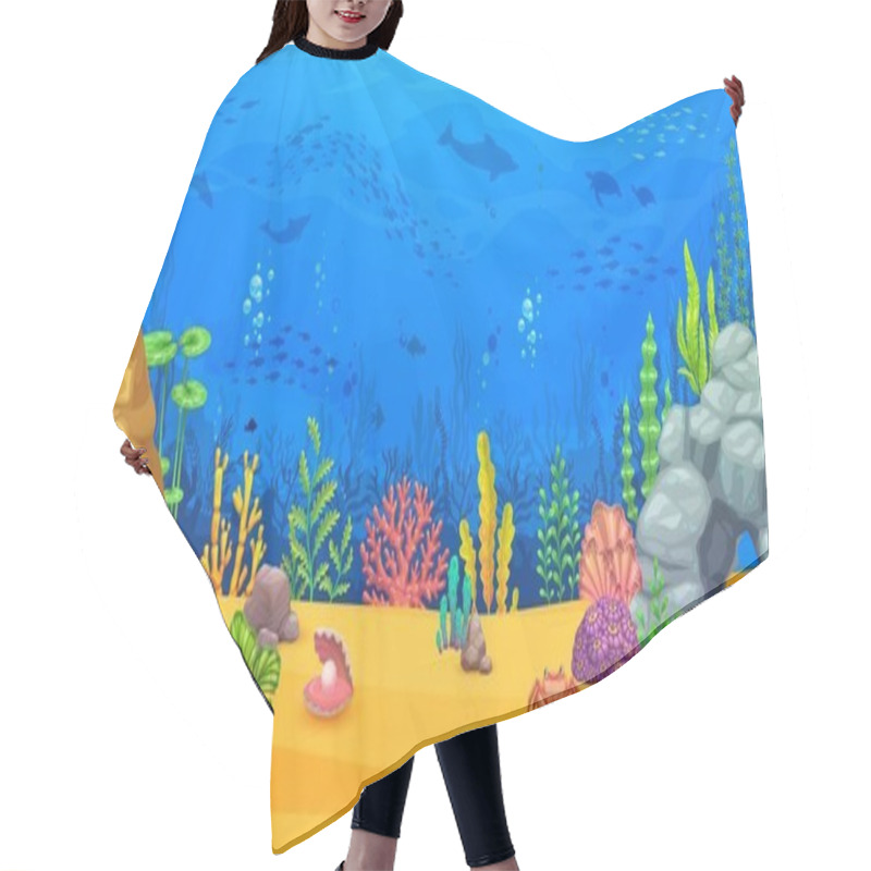 Personality  Cartoon Underwater Sea Landscape. Game Level Vector Background Of Sea, Ocean And Aquarium Bottom Scene. Undersea World Of Blue Water Waves With Fish, Corals And Seaweeds, Dolphins, Sea Turtles, Crab Hair Cutting Cape