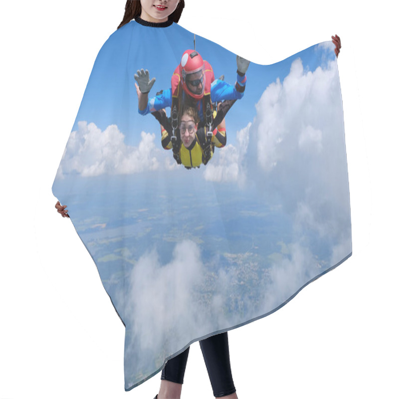 Personality  Skydiving. Tandem Jump. A Girl And Her Instrucror Are Flying In The Sky. Hair Cutting Cape