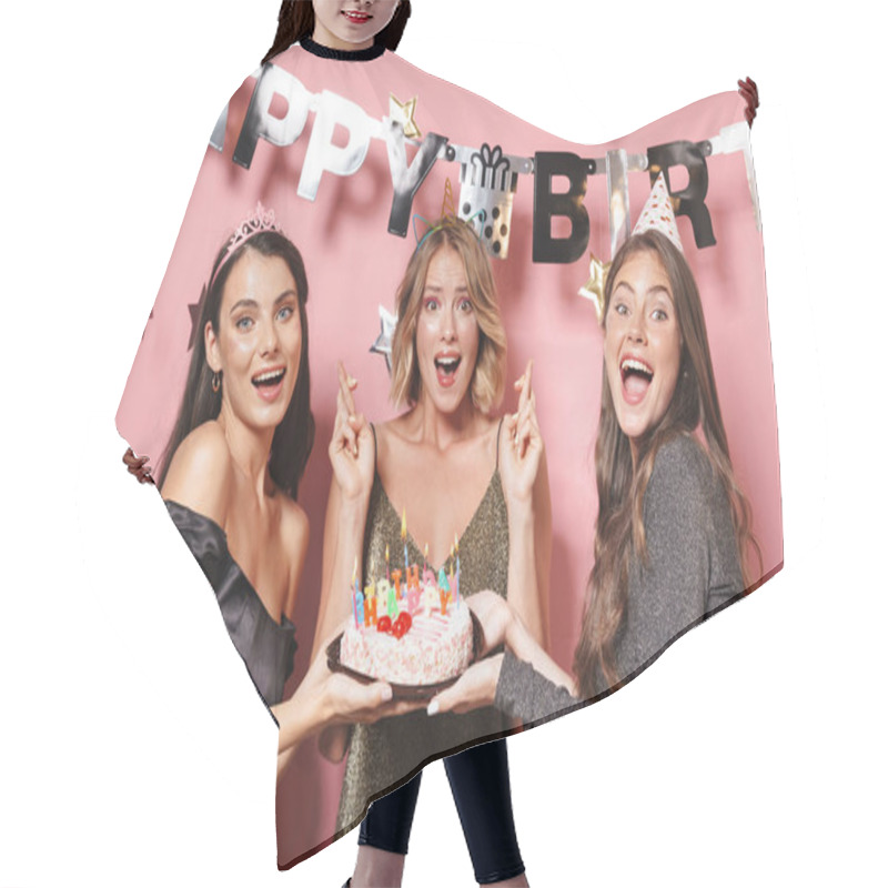 Personality  Image Of Ecstatic Party Girls In Fancy Dresses Holding Birthday  Hair Cutting Cape