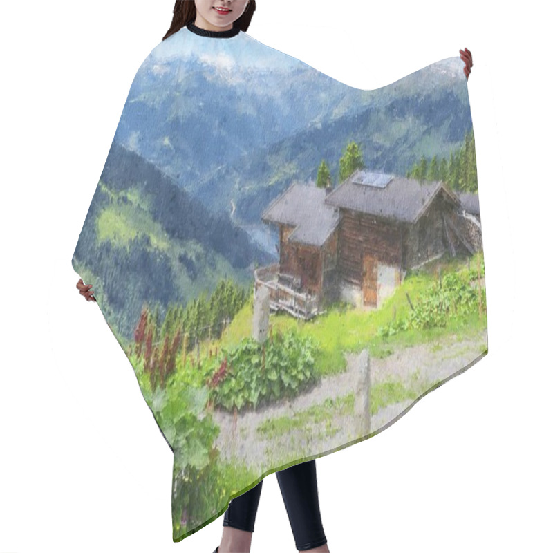 Personality  Oil Painting Illustration Of Austrian Alps.Traditional Barn In Tirol Alps. Zillertal Hair Cutting Cape