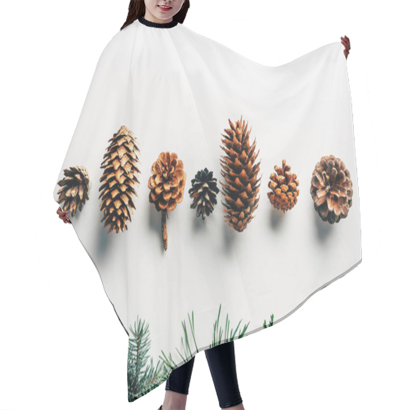 Personality  Flat Lay With Green Branches And Pine Cones Arranged On White Backdrop Hair Cutting Cape