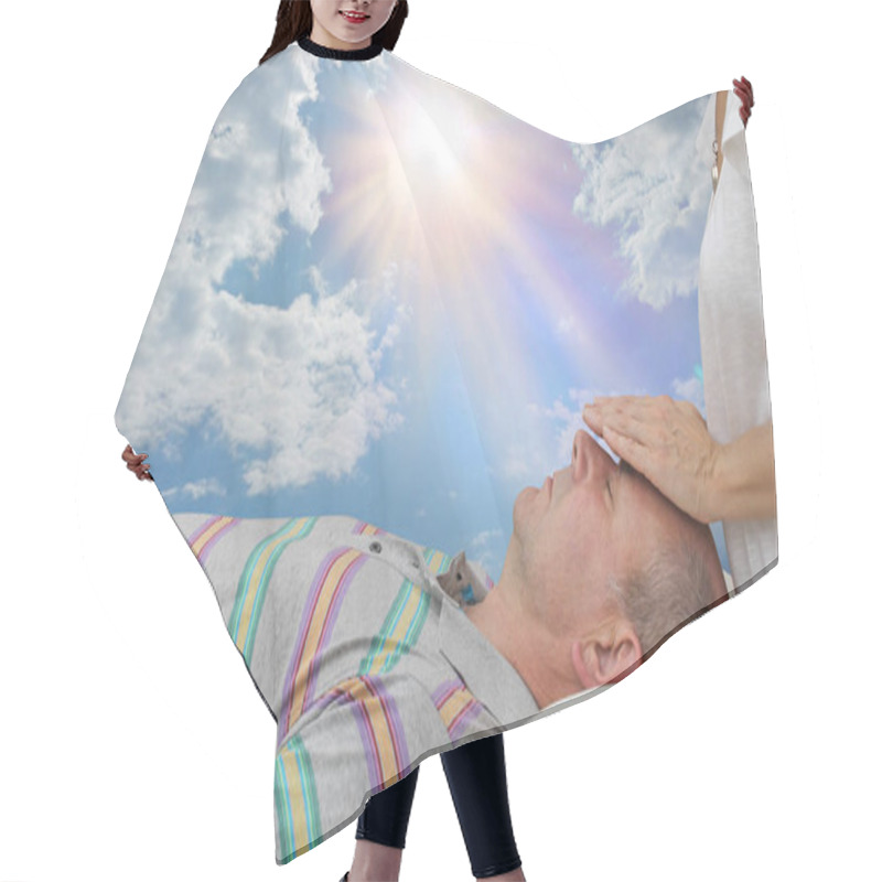 Personality  Giving An Energy Healing Treatment Out Doors - Female With Hands Hovering Over Man's Forehead, Laid Supine, Against A Beautiful Sky And Sunshine Background  Hair Cutting Cape