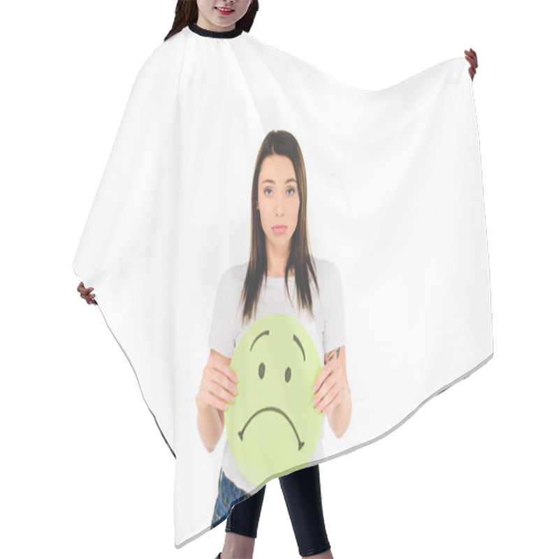 Personality  Attractive Girl Holding Sign With Unhappy Face Expression Isolated On White Hair Cutting Cape