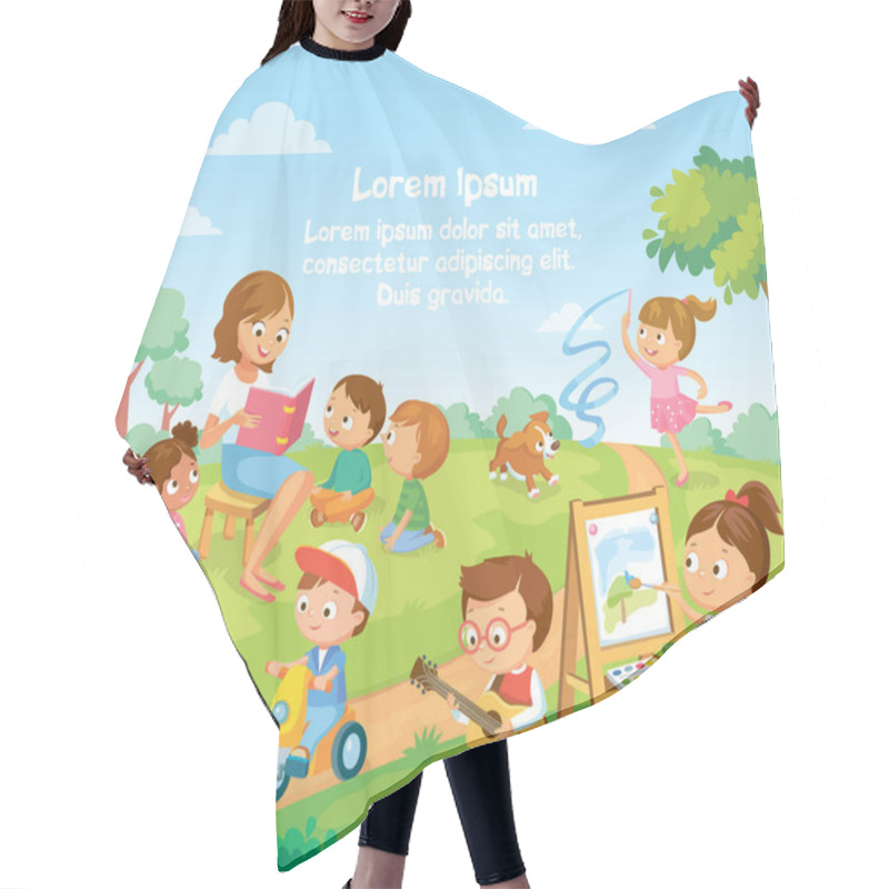 Personality  Group Children Playing, Spending Time In Games, Having Fun, Fooling Around. Summer Activities. Children In Park,summer Camp.Babysitter,teacher,Mum Reading Book To Children. Girl Drawing The Watercolor Hair Cutting Cape