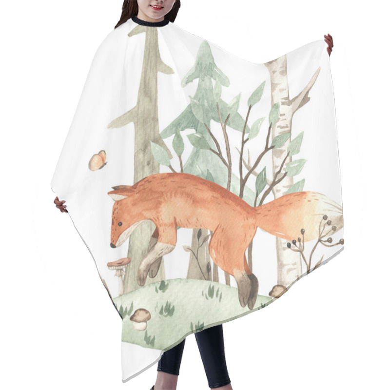 Personality  Cute Forest Animals, Fox And Hedgehog, Spruce, Trees, Mushrooms, Plants For Baby Cards, Invitations, Baby Showers, Nursery Watercolor Composition  Hair Cutting Cape