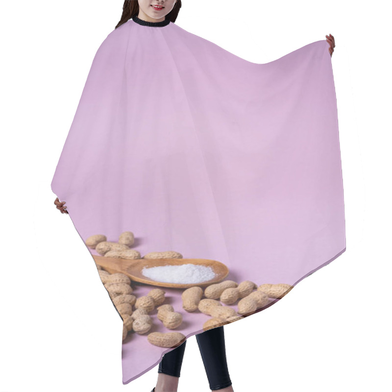 Personality  Peanuts And Wooden Spatula With Salt Minimal On Purple Background Backdrop Food Nut Texture Copy Space Angle View Hair Cutting Cape