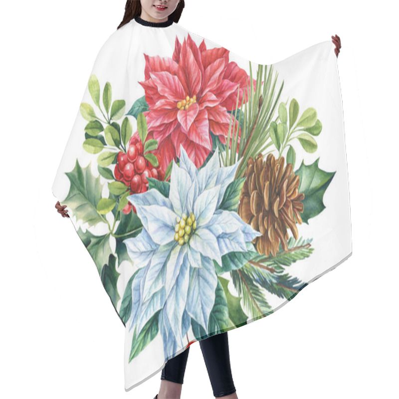 Personality  Winter Bouquet Of Poinsettia Flowers And Fir Branches On An Isolated White Background, Watercolor Illustration Hair Cutting Cape